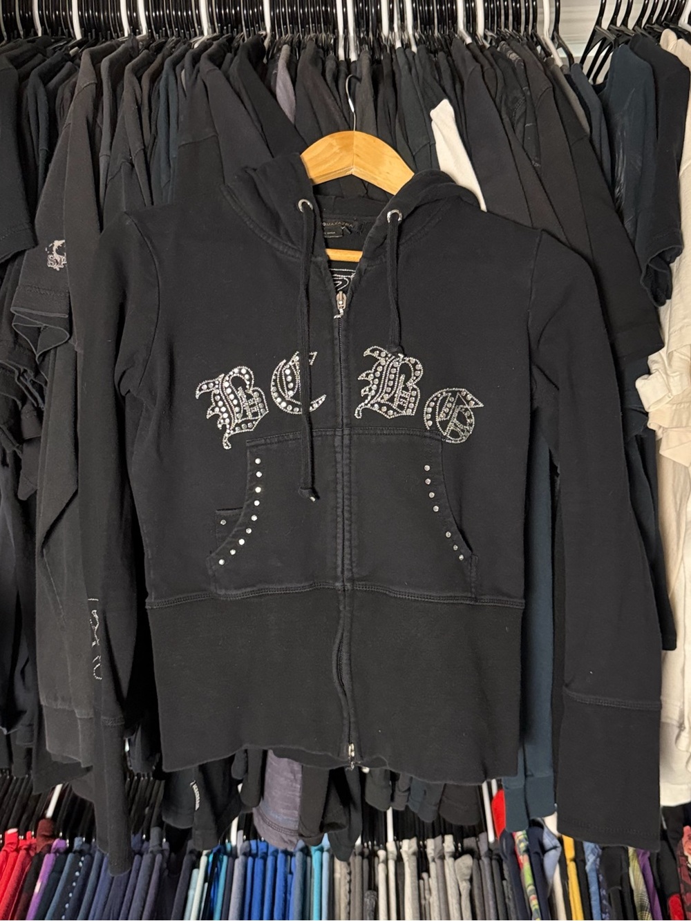 BCBG Maxazira Hoodie Womens Medium Black Zip Up Y2K Grunge Studded Rhinestone